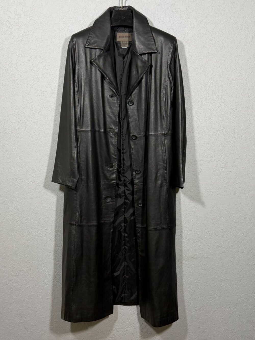 Vintage Brandon Thomas Long Black Genuine Leather Trench Coat, Size M